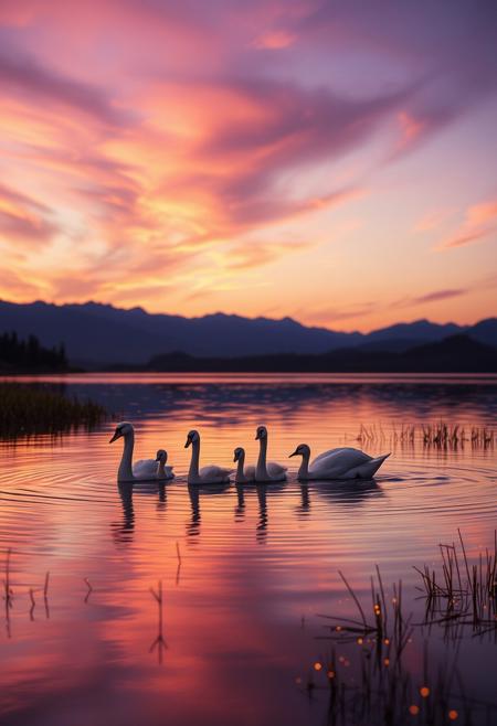 Against a twilight sky ablaze with purple and pink hues, a serene family reunion unfolds on the glassy lake surface. Four adult swans, flanked by their cygnets, glide effortlessly together, generating soft ripples. Fireflies flicker among the reed beds, while the distant mountains' silhouettes provide depth to this idyllic scene, bathed in warm, golden light.