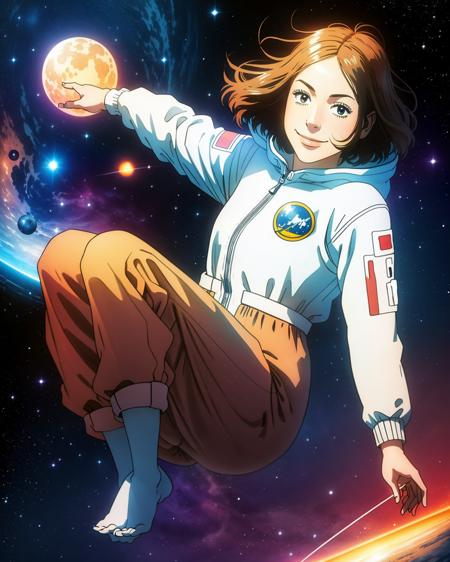 watercolor,
(dynamic angle), (floating in space),
1girl, full body, ItoSerika, light smile,<lora:ItoSerika:0.9>,
wearing orange suit,
white moon in the background, space rocket, dark space