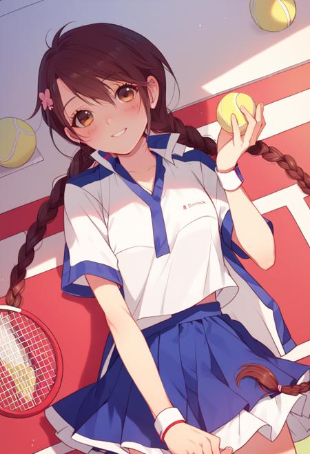 ryuuzaki sakuno, long hair, brown hair, single hair ornament, low twintails, twin braids, very long hair, brown eyes,  make outfits based on the tags that would normally apply to them