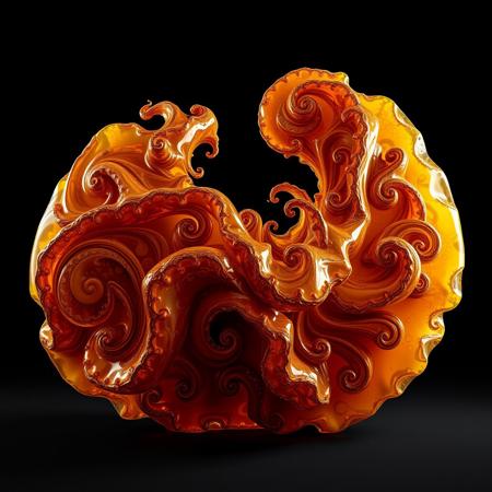 A large artistic surreal and complex sculpture of An abstract shape (composed of amber:1.5) and intricate fractal acanthus patterns. The texture of the amber should be highly detailed, showing fine, microscopic details. Emphasize the intricate patterns (swirls and splashes:1.8), with deep contrasts that highlight the unique physical characteristics of the amber, creating a surreal and scientific visual experience. colors being soft and unsaturated. highly detailed and complex, absurd res, 4k, 8k, cinematic, incredible details and clarity, no jpeg artifacts, crisp and clean details, hyper realistic, plain black background, (sub-suface scattering:1.5), back left lighting out of frame,