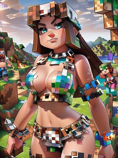 Minecraft style <lora:FF-minectaft-XL-Fa1-v0183:1>  <lora:FF-minectaft-XL-Fa1-v0183:1> a woman in minecraft posing for a picture in latex bikini with a pixalated blue harness and metal choker minecraft render with a potion, big breasts , huge big breasts, corset latex, minecraft world style    . Blocky, pixelated, vibrant colors, recognizable characters and objects, game assets