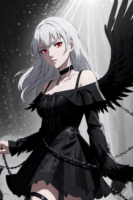 (Black theme:1.7),(Black feathers:1.2), tears,extremely detailed CG unity 8k wallpaper,illustration,lens 135mm,masterpiece, best quality,lens flare,dynamic angle ,dramatic angle ,cinematic angle ,intense angle ,young girl,over-kneehighs,off-shoulder,naughty face,aquagradient eyes,(white_hair:1.12),Medium hair,Ahoge,red eyes,black dress,lace-trimmed dress,frilled dress,greyscale,cowboy shot,(Splashing light),Backlighting,Accent Lighting,incredibly_absurdres,thigh strap,choker,(Refracted rays:1.2),Low wings,(Chains:1.1),(Bokeh:1.4),depth of field,,Deep focus,((disheveled hair)),looking away,Expressionless,, masterpiece, best quality,