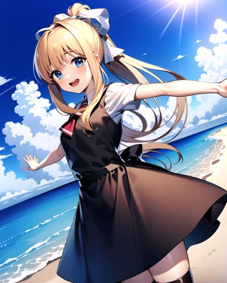 ((masterpiece)), ((best quality)), ((highres)), ((detailed background)), ((extremely detailed CG unity 8k wallpaper)), solo, beach, cowboy shot, <lora:kamio misuzu-000008:0.8>, kamio misuzu, air school dress uniform, black socks, black boots, long ponytail, white bow in hair, long hair, long side hair, arms outstretched, smile, sunny, blue eyes,