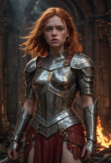 High resolution ultra-realistic of Beautiful Sadie Sink as Warrior Joan of Arc, 8k, capturing the intensity of the moment, cinematic lighting, standing on a bloody and stormy battlefield in bloody battle, wavy red hair, realistic dirty pale face, realistic brown eyes, beautiful hourglass figure, burning in a medieval Town, intricately designed iron and silver armor, red mini skirt, Dark Ages Aesthetic, perfect athletic figure, beautiful Warrior Joan of Arc, fire, ultra realistic, cinematic style, vigorous and seductive, athletic figure, dark fantasy, dramatic lighting, wet and sweaty skin, dirty skin, athletic figure, dark fantasy, dramatic lighting, Greg Rutkowski style,, Warrior Joan of Arc on in iron armor, hyper-detailed, hyper-realistic, bright colours, Attractive 21 old years girl, Attractive, beautiful firm Breasts, sharp focus, digital painting, Photograph Taken on Nikon D750, Alphonse Mucha, 8K, athletic figure, Hyperdetailed, hyperrealism, Attractive, Attractive bust girl, asymmetric balance