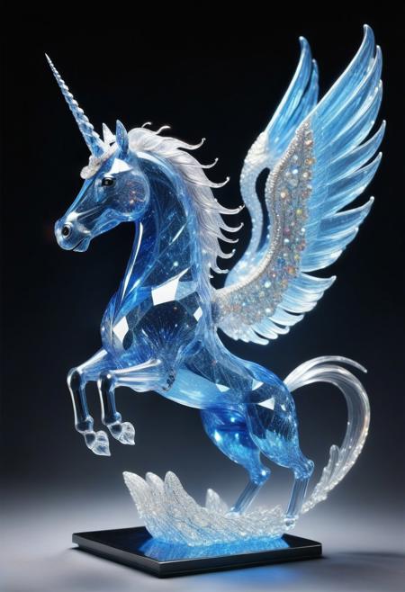 ((Unicorn fully made of glass/crystal/blue diamond), good posture, spread wings, dynamic pose, open beak,