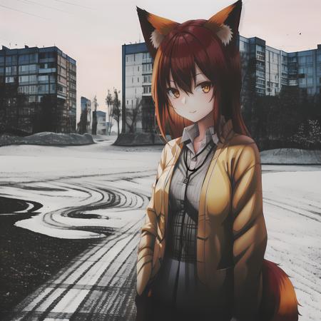 1girl, ebenya, looking at viewer, orange hair, kitsune, fox ears, fox tail, cardigan, open clothes, russian city