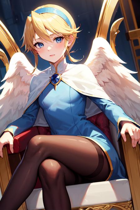 masterpiece, best quality, highres, ddnina, blonde hair, short hair, swept bangs, hairband, blue eyes, angel wings, white wings, white capelet, brooch, blue dress, long sleeves, black pantyhose, <lora:nina_bof4_v1:0.7>, throne, sitting, crossed legs,