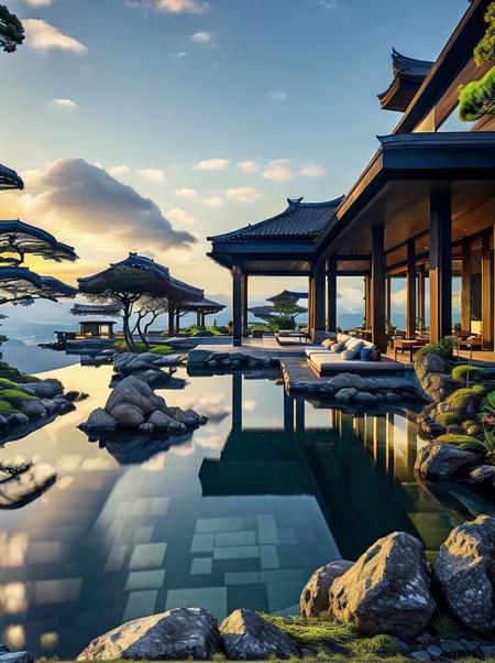 Chinese style hall, no humans, scenery, tree, sky, outdoors, cloud, lily pad, east asian architecture, day, architecture, pond, water, grass, rock, building, cloudy sky, blue sky<lora:Justin_Hill architecture_V150:0.9>,