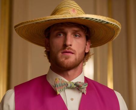 <lora:Logan Paul - Trigger with Loganpaul Person:1> loganpaul person is wearing a sombrero de charro holding golf, screenshot from The Grand Budapest Hotel (2005)