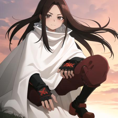 asakura hao brown hair, brown eyes, long hair star earrings cape white cape red pants red shoewear