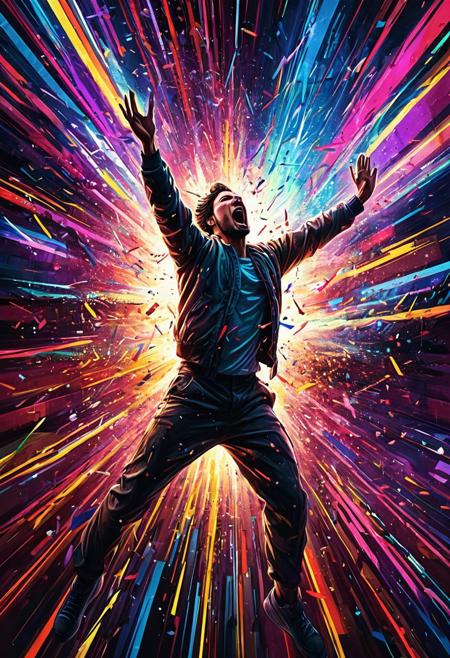 A player is liberated from a digital system, their words breaking free in stuttered excitement, proclaiming their newfound freedom. The cinematic image depicts a figure breaking through digital constraints, exuding a sense of power and release. Vivid colors and sharp lines convey a strong sense of movement and triumph. Every pixel bursts with energy and vibrancy, capturing the viewer's attention and drawing them into the exhilarating moment of liberation.