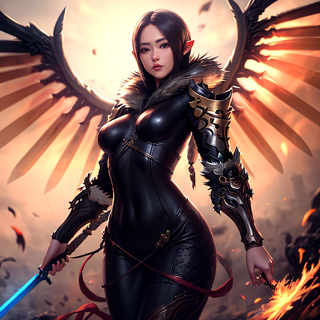 <lora:necro-18:0.6>jinsoyun 1girl, solo, breasts, holding, weapon, wings, pointy ears, sword, holding weapon, armor, lips, bodysuit, shoulder armor,high detailed skin:1.2), 8k uhd, dslr, soft lighting, high quality