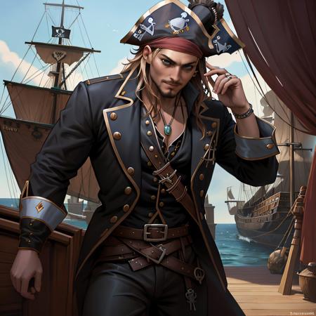 full body potrait of a photorealistic beautiful man, (aboard a pirate ship:1.50), intense coloration fantasy, light hair, a stunning realistic photograph , random coloured hair, (multiple men pirates dancing together:1.3), random colour eyes, full body, cover, hyperdetailed painting, luminism, octane render, Bar lighting, complex, 8k resolution concept art portrait by Martina Fa
kov� and Prywinko Art, Artgerm, WLOP, Alphonse Mucha, Tony Taka, fractal isometrics details, photorealistic face, hyperrealistic cover photo awesome full color, hand drawn, bright, gritty, realistic color scheme, davinci, intricate, high definition cinematic, mix of bold dark lines and loose lines, bold lines, on paper , real life human