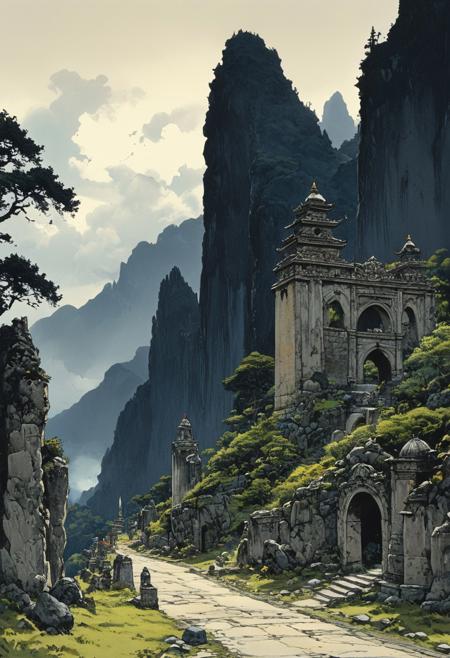 a caravan of travelers proceeds along a stone road set with a series of ancient stone archways leading upward from a forested glade into the foothills of a mountainous realm of jagged peaks and stony pillars, small stone shrines line the road between archways, clear skies with dark clouds on the distant horizon, very detailed: 1.5 eroticism. ink splashes, rough ink sketch, moody, gloomy, dark picture, high contrast, stylized.