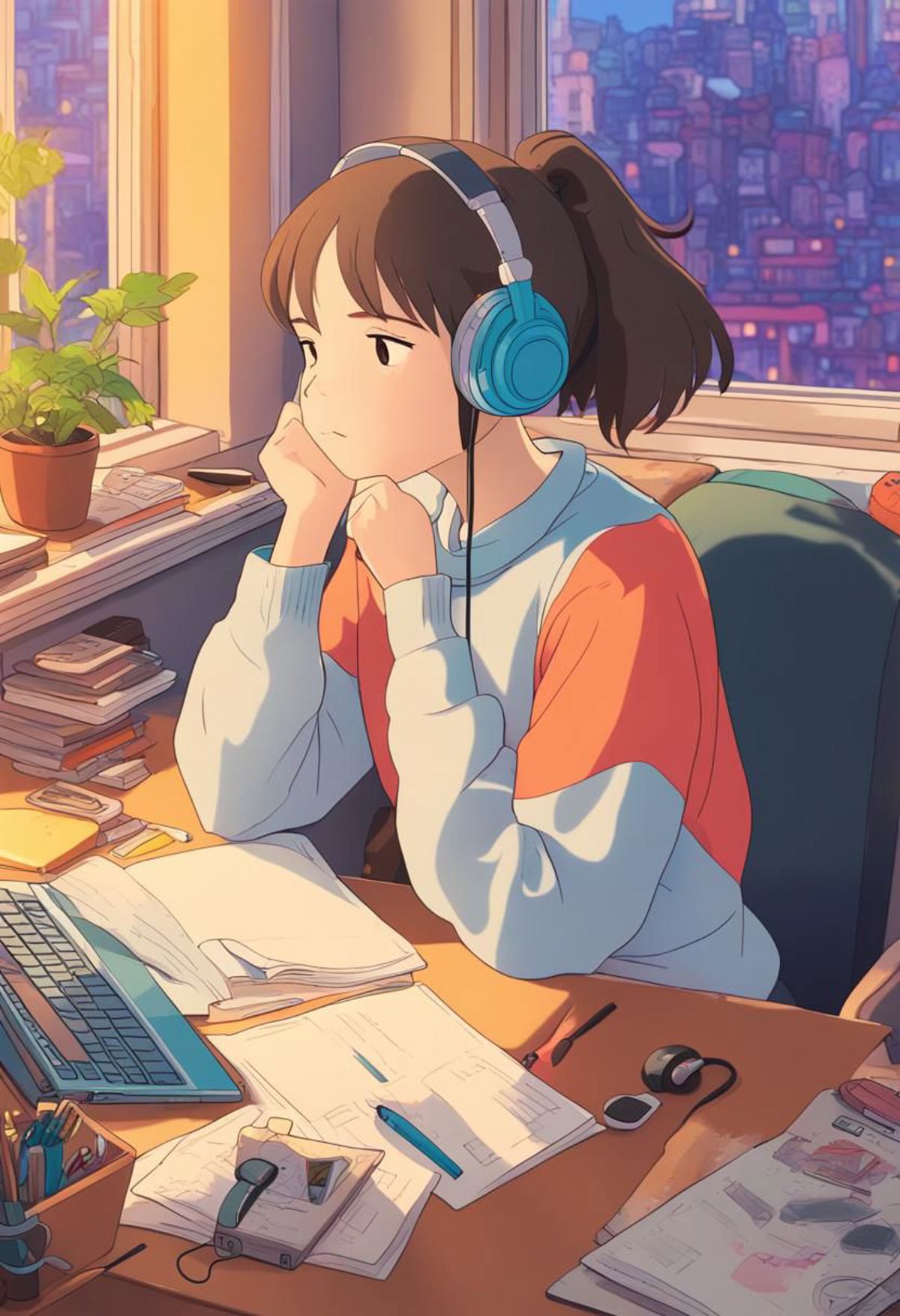 An Asian girl wearing headphones and a white sweater is sitting in front of a computer desk with a keyboard and papers.