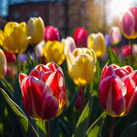 macro photo, close-up, masterpiece, 4k, ray tracing, intricate details, highly detailed, hyper realistic, 8k RAW editorial photo.
red, pink, yellow, blue, white tulips,lit by the sun, dramatic light, shallow depth of field,