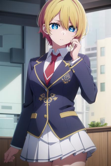 aquamarinehoshino, <lora:aquamarine hoshino s1-lora-nochekaiser:1>,
aquamarine hoshino, blue eyes, blonde hair, hair between eyes, (symbol-shaped pupils:1.5),
BREAK shirt, school uniform, jacket, necktie, blazer, red necktie,
BREAK indoors, classroom,
BREAK looking at viewer, (cowboy shot:1.5),
BREAK <lyco:GoodHands-beta2:1>, (masterpiece:1.2), best quality, high resolution, unity 8k wallpaper, (illustration:0.8), (beautiful detailed eyes:1.6), extremely detailed face, perfect lighting, extremely detailed CG, (perfect hands, perfect anatomy),