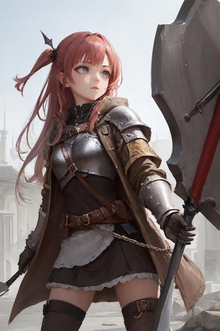 best quality,masterpiece,highly detailed,ultra-detailed,1girl,  <lora:AXE:0.3:Chr> 
(Coat of plates),An armor made of armor made of overlapping metal plates
holding weapon, holding axe,battle axe
holding long grip of axe, 
 fighting stance,