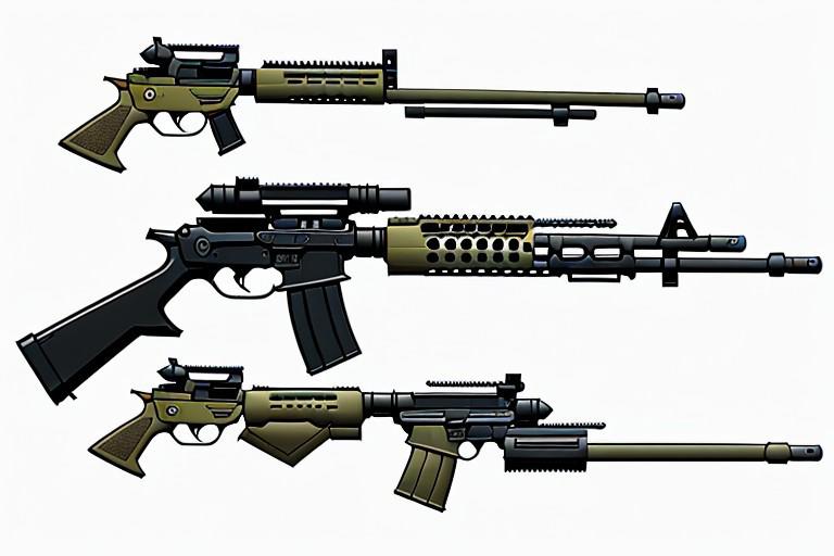 concept art of many guns, flat color Comic book style vector illustration