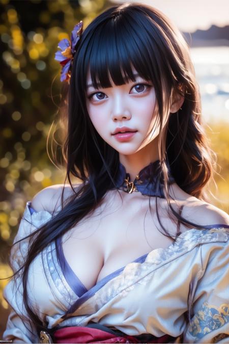 raiden_shogun,1girl, bangs, black_hair, hair_ornament, japanese_clothes, kimono, lips, long_sleeves, looking_at_viewer, obi, sash, solo, upper_body,
(RAW photo, best quality), (realistic, photo-realistic:1.3), masterpiece, an extremely delicate and beautiful, extremely detailed, CG, unity, 2k wallpaper, Amazing, finely detail, extremely detailed CG unity 8k wallpaper, huge filesize, ultra-detailed, outdoor, 1 girl, cleavage, upper body, detailed face,
beautiful detailed girl, detailed fingers, extremely detailed eyes and face, beautiful detailed nose, beautiful detailed eyes, long eyelashes, light on face, looking at viewer, (closed mouth:1.2), 1girl, cute, young, mature face, (full body:1.3), ((small breasts)), realistic face, realistic body, beautiful detailed thigh, <lora:KoreanDollLikeness_v1.5:0.5>,
sea, seaside, beach, sunlight,
<lora:last-000005:1>