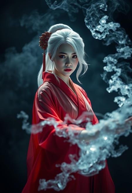 An albino geisha, stands in a tenebrous, smoke-filled environment. Her countenance, framed by white hair, is one of unwavering resolve, illuminated by the effulgent ice mist she wields. She wears a red transparent robe, The image, meticulously composed as a medium shot with a slightly low angle, emphasizes her indomitable spirit and mastery over the elements. The chiaroscuro lighting technique accentuates the ethereal nature of her power, while the meticulously rendered background hints at a world engulfed in conflict and magic.  Cinematic hyperrealism, tenebrism, volumetric lighting, high-contrast, deep shadows, heightened gamma, painterly rendering.