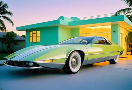 Syd mead style ,a futuristic chrome and steel 6 wheeled car , pop up headlights and concave rims, Chartreuse with white and gold stripes , retrofuturism, 1980s , miami sunset, in front of an art deco house , neon, background is aqua ,photorealistic , leica summilux , fuji velvia
, 1990s anime, vintage anime, 90's anime style, by hajime sorayama, by greg tocchini, anime masterpiece, pixiv, akira-style art, akira anime art, 4k, high quality