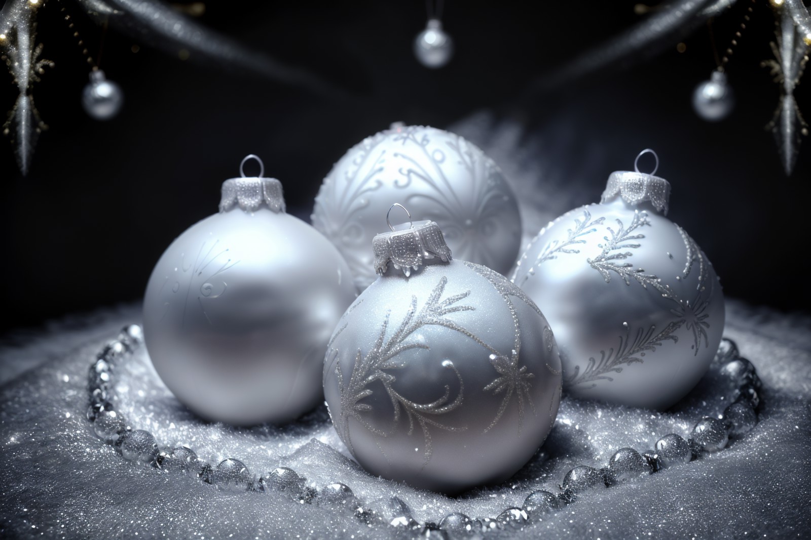 <lora:Xmas3:0.7> Xmas ice covered ball ornaments with filigree on a christmas style background
