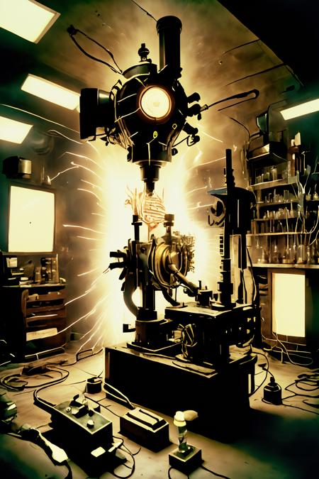 a man's laboratory, cluttered with arcane machinery, sparking wires, pulsating gauges, fluorescent liquids.