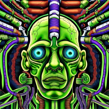 Slimecorns, Digital painting by artist shawnmalloyrocks, a brain in a vat connected to a bunch of cables, extraction of human creativity via download, transferring consciousness to a master computer, sad eyes, bleak expression, technological wonder, intricate circuitry, 16k, UHD, masterpiece, intricate detail, dramatic lighting, Lovecraft, steampunk, synthwave, horror, Giger, Sci-Fi