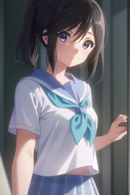 nozomikasaki, <lora:nozomi kasaki s2-lora-nochekaiser:1>,
nozomi kasaki, kasaki nozomi, long hair, blue eyes, black hair, ponytail, hair between eyes,
BREAK skirt, shirt, school uniform, white shirt, short sleeves, pleated skirt, serafuku, sailor collar, blue skirt, neckerchief, blue sailor collar, school bag, blue neckerchief, kitauji high school uniform,
BREAK indoors, classroom,
BREAK looking at viewer, (cowboy shot:1.5),
BREAK <lyco:GoodHands-beta2:1>, (masterpiece:1.2), best quality, high resolution, unity 8k wallpaper, (illustration:0.8), (beautiful detailed eyes:1.6), extremely detailed face, perfect lighting, extremely detailed CG, (perfect hands, perfect anatomy),