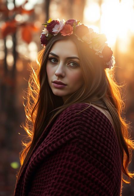 Bohemian Autumn Whisper. Photograph a free-spirited portrait in a forest with Hasselblad H6D and 150mm f/3.2. Use golden-hour backlighting (f/2.8, ISO 100, 1/160s) and a fog machine for mystique. Style with floral crowns and knitted shawls. Blur crimson foliage via f/2.8 bokeh. Post-enhance warm tones, add sun flares, and soften skin with a diffusion filter.