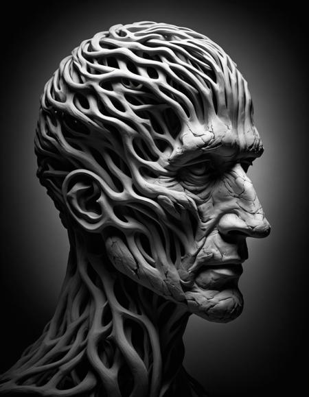 Surreal portrait, human head composed of numerous entwined fingers, rich textures evoking depth, shadowy ambiance highlighting contours, grayscale palette imbuing eerie, mysterious aura, bold "MASTERMIND" caption in stark white, font resonates with stark, enigmatic mood, visual metaphor for complexity, psychological depth, possibly hinting at introspection, intellect, creative thoughts, image strikingly contrasts organic forms with a somber, almost monolithic presence, lighting accentuates finger details, creates an interplay of light and shadow, seamless merging of fingers into head and shoulders suggest unity, an artistic blend of human anatomy with abstract concepts, alluding to themes of identity, mental processes.,
 <CYBR-XL:1.3>