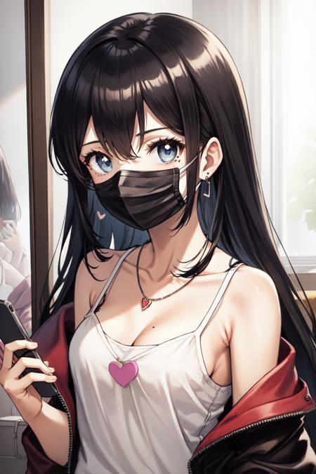 1girl, solo, black hair, phone, mouth mask, long hair, mask, holding, necklace, holding phone, jacket, off shoulder, jewelry, black jacket, blue eyes, looking at viewer, bare shoulders, open clothes, breasts, cellphone, open jacket, upper body, smartphone, long sleeves, shirt, sleeveless, sleeveless shirt, small breasts, white shirt, bangs, selfie, mole, hand up, camisole, mole under eye, mirror, collarbone, indoors, cleavage, spaghetti strap, armpit crease, bathroom, sink, tank top, heart, earrings, sidelocks, reflection, covered mouth, medium breasts, surgical mask, pendant