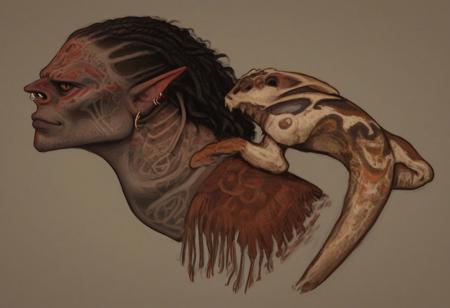 masculine, bosmer man, elf body, colorful skin, pale grey skin, strong jawline, angular facial features, stubble, ugly, asymmetrical features, wide nose, fur mantle, rough leather clothes, bone spear, male, beard, facial hair, muscular, archer's physique, joking demeanor, slightly pointed ears, pinned back ears, long face, very short ears, curved ears, scalloped ears, predator ears, short ears, firbolg nose, uncanny features, snake nose, reptilian nose, realistic, long face, piercings, bosmer, alien, alien skull structure, elongated head, flat nasal ridge, elongated skull, bony nose, slit nostrils, aquiline features, medium body hair, dunmer, creature, bony dermal ridges, rough complexion, body tattoos, native american tattoos, chiseled features, athletic build, weathered skin, large nose, animated realism, zoomed out, Iraqi features, sage colored skin, pale skin, copper and jade clothes, dark orange sclera, saurian pupils, horizontal pupils, squid eyes, cuttlefish eyes, narrow eyes, dark red pupils, very slanted eyes, squinted eyes, double lidded eyes, eye membrane, slanted brows, bony brows, highly detailed, defined features, looking at viewer, from side, full body, zoomed out, dynamic lighting, 29 years old, light and shadows, jovial expression, expressive eyes, smiling, laughing, Native American pattern leather clothes, medium hair, elegant hairstyle, tribal hair, wavy hair, thick hair, braided hair, wild cut hair, semirealistic, alien elf, mongolian features, slavic features, aztec features, vibrant hair, colorful hair, sharp features, high detail, absurdres, intense eyes, detailed eyes, dark orange eyes, paleolithic clothes, Crowded village, dense redwood forest, intricate fur tents, bone furniture, masterpiece