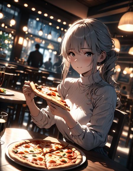 anime,1girl,white long hair,gray eyes, white shirt, long sleeves, turtleneck, sitting, looking at viewer,( eating holding pizza :1.5), pizza, plate, fork, knife, table, chair, table, restaurant, cinematic angle, cinematic lighting, masterpiece, best quality(Depth of field hdr 8k 4k wallpaper cinematic angle, cinematic lighting,:1.5) (masterpiece, best quality:2.0), (Depth of field hdr 8k 4k wallpaper cinematic angle, cinematic lighting,:1.5) (masterpiece, best quality:2.0)