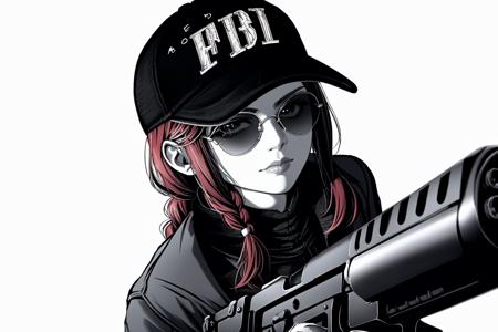 skistyle, fbi cap, cap, 1girl, solo, hat, weapon, sunglasses, gun, baseball cap, braid, red hair, long hair, looking at viewer, spot color, white background, simple background, gloves, jacket, upper body, single braid