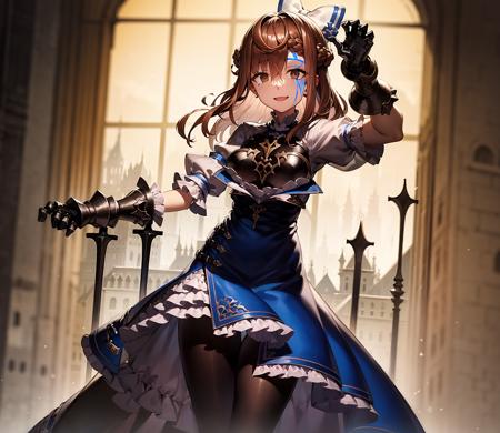 (best quality, masterpiece, highres:1.4),  an illustration of a girl standing, her arms are outstretched,  full body, facial mark, facial tattoo, she has a facial mark of glowing blue lines in a jagged grid-like pattern, magic lines on face and body, 
1girl, brown hair, brown eyes, (gauntlets), pantyhose, solo focus, armor, blue dress, looking at viewer, dress, bow, frills, hair bow, hair between eyes,  puffy sleeves, short sleeves, black pantyhose, breasts, long hair, , white bow,  braid, bangs, armored dress,  frilled dress, puffy short sleeves, medium breasts, breastplate, medium hair,  brown pantyhose, belt, brooch, ribbon, jewelry,  frilled sleeves, hair ornament, skirt, shoulder armor, white shirt, pelvic curtain,  shirt,  gem,  blue bow,   short hair, hair ribbon, (tareme), petticoat,   french braid, juliet sleeves, 
   <lora:MaishaLocon:1>, castle town in background, (detailed eyes, rendered eyes, piercing eyes, vibrant eyes), ((brown eyes)), glowing eyes, nose, gloves, smile, sinister, evil, villain, arm up, hand up,