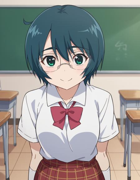 miharu mikuni, short hair, green eyes, glasses, blue hair, skirt, shirt, school uniform, white shirt, socks, plaid, kneehighs, plaid skirt,