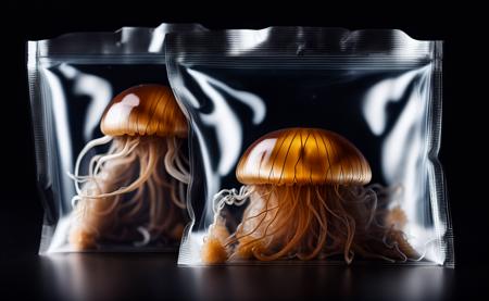 Close-up of jellyfish inside vacuum plastic packaging, cinematic style