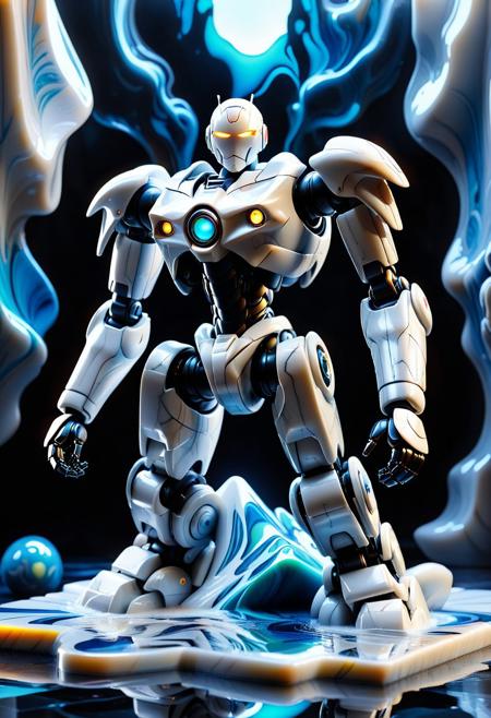 Ultrarealistic. sharp focus, dynamic lighting. play of light, Raytracing, Ultra detailed. (((Liquid Marble style))). A giant robot made of Liquid Marble riding a tiny bicycle in a technicolor world.