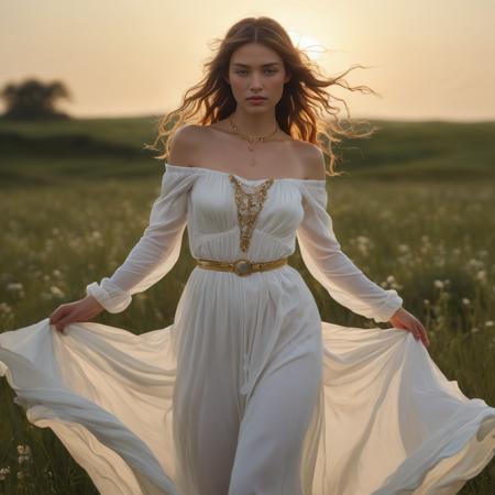 Moonlit Dancer: A captivating scene of a woman with sun-kissed skin, dancing under the moonlight in a flowing, off-the-shoulder white gown. Her movements create a sense of fluidity and grace as she twirls in a meadow. The subject's enigmatic expression draws the viewer into her world,while her striking features are adorned with exquisite jewelry including an intricate armlet a delicate belly chain,and multiple layered necklaces,Each piece sparkles with precious jewels,accentuating her refined taste and radiant aura,The intricate details of the background create a sense of depth and texture,further elevating the overall visual impact,by Sandro Botticelli,