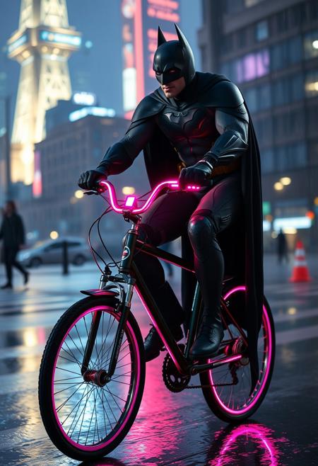 Batman riding a bicycle in the night in a City downtown, it is raining at night, Batman's bicycle is made out of a pink neon light, glowing,