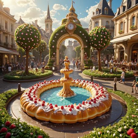 score_9, score_8_up, score_7_up, score_6_up,A bustling park in the heart of a pastry metropolis, where people relax on benches shaped like soft eclairs, surrounded by bushes of golden choux pastries bursting with fruit cream. Towering donut trees arch overhead, their thick trunks swirled with chocolate ribbons and sprinkled tops catching the dappled sunlight. A crystal-clear fountain at the center sprays delicate streams of raspberry coulis into a pool lined with delicate biscuit tiles. Children run across lawns made of lush sponge cake, leaving playful footprints behind. The sky is dotted with airy profiterole clouds drifting lazily. The scene is ultra-detailed, photorealistic with lively ambient lighting, subtle crumbs and powdered sugar particles catching in sunbeams, and warm city sounds completing the immersive, delectable atmosphere
, Fantasy Art style, intricate, Behance-inspired
, hyper detailed, Deviantart-inspired, macro details, ultra sharp, dreamlike atmosphere, surrealism meets gastronomy, concept by Moebius x Ghibli style