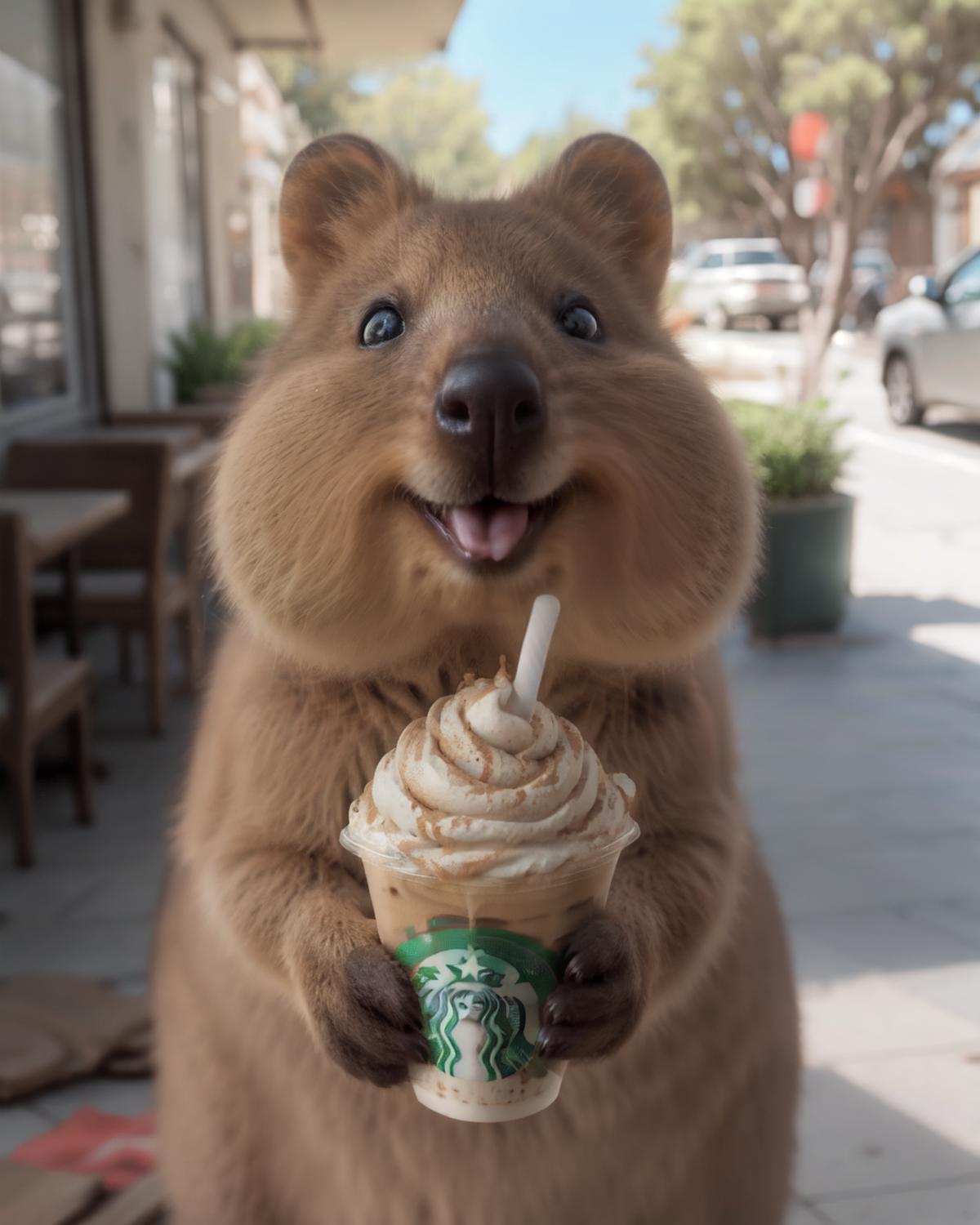A Starbucks drink in the hands of a chubby rodent.