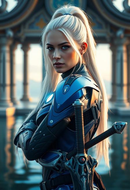 Cinematic close up shot of a beautiful cyborg woman, white long hair in a ponytail, wearing a blue mechanical armor, glowing core in the middle of her chest. Mechenical arms, sharp shoulder armor, holding her arms crossed over each other, looking into the camera over he shoulder, futuristic water temple in background, pov from the side, holding a giant sword, amazing details on the sword, distantfuture, mythp0rt, hkstyle