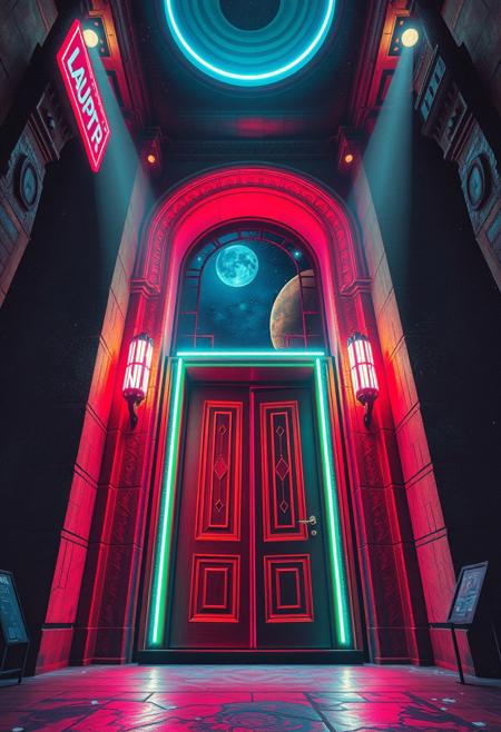 A nightclub door, focus on the door, view from below, in the style of an oil painting, scifi, cosmic, astral, ziggurat , neon spotlights, neon signs