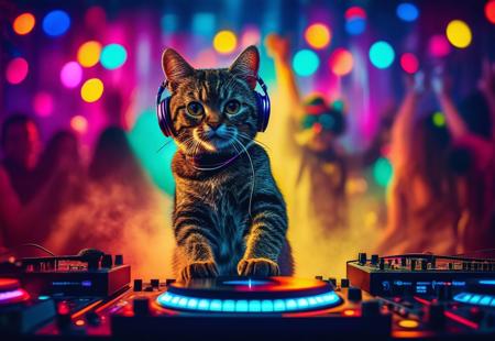 A cool DJ cat wearing stylish headphones, standing behind a turntable in a vibrant nightclub. The cat has a confident expression, one paw on the mixer and the other adjusting the headphones. Colorful lights flash around, and a crowd of dancing silhouettes moves to the beat. The scene is energetic and full of party vibes.
