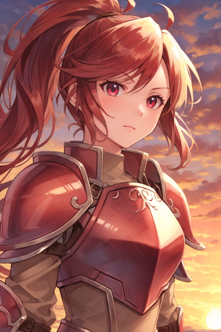 <lora:Jill_FE-10:0.6> jill fe, 1girl, solo, long hair, ponytail, armor, shoulder armor, pauldrons, breastplate, red armor, (portrait:1.2), sunset