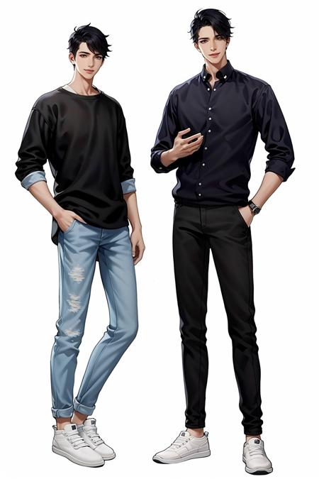 Character standing drawing, modern design, multiple boys, 2boys, black hair, pants, male focus, white footwear, black pants, shirt, white background, phone, shoes, standing, simple background, full body, smile, black shirt, ring, striped, sneakers, cellphone, jeans, denim, jewelryhair<lora:xiandai:0.8>,