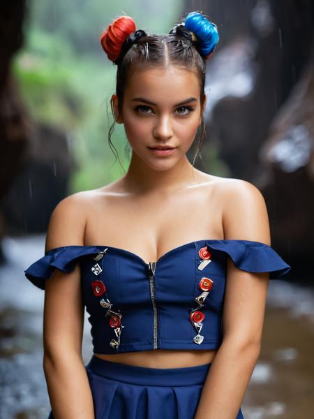 (Fashion Photography, Award Winning), photograph, RAW photo, (rule of thirds), (Cavern), ((wearing Off-Shoulder Top and Skirt)) ((Space Buns hair)), perfect teeth, by Steve McCurry, 35mm, F/2.8, ((Photo Focus, DOF, Aperture, insanely detailed and intricate, hypermaximalist, beautiful, revealing, appealing, attractive, hyper realistic, super detailed))(DOF, blurry background), Flashing a Victory Sign, Rainy Day, <lora:barbara_lora_sdxl_v1:0.8> ohwx, ohwx woman
